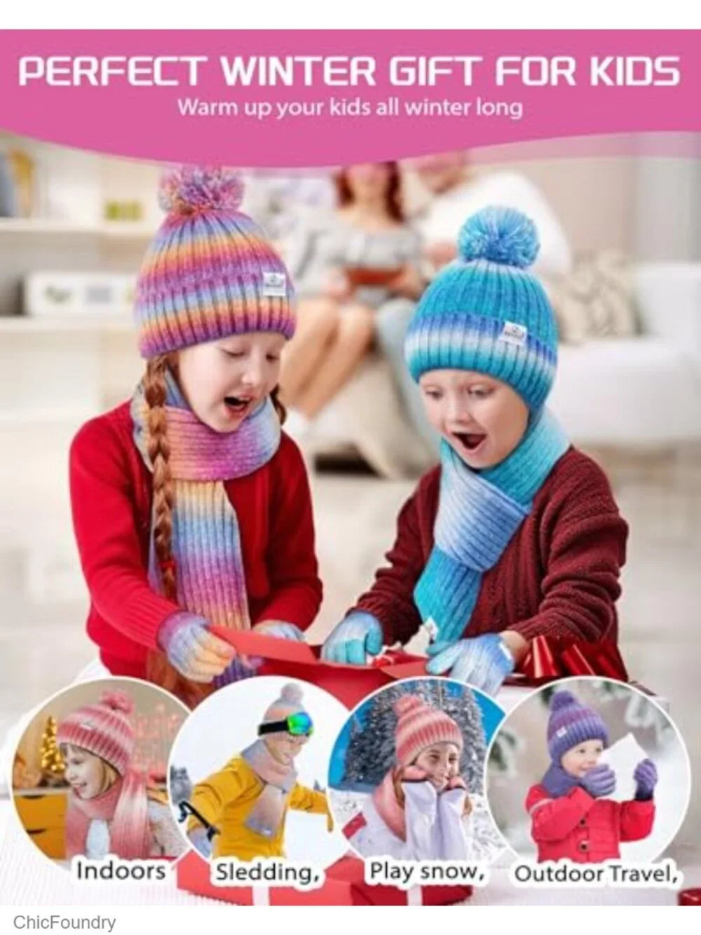 Kids Winter Beanie Gloves Scarf Set with Pompom Fleece Lined Mittens